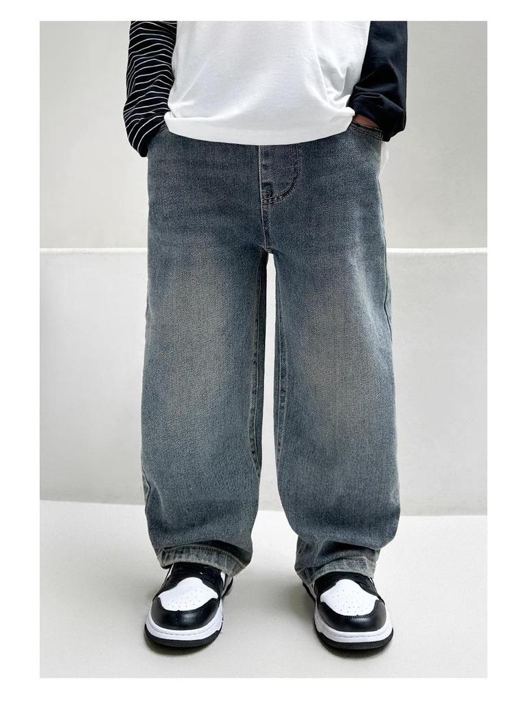 Джинсы прямого кроя на флисовой подкладке для мальчиков, новый стиль 2025 года, для детей среднего и старшего возраста