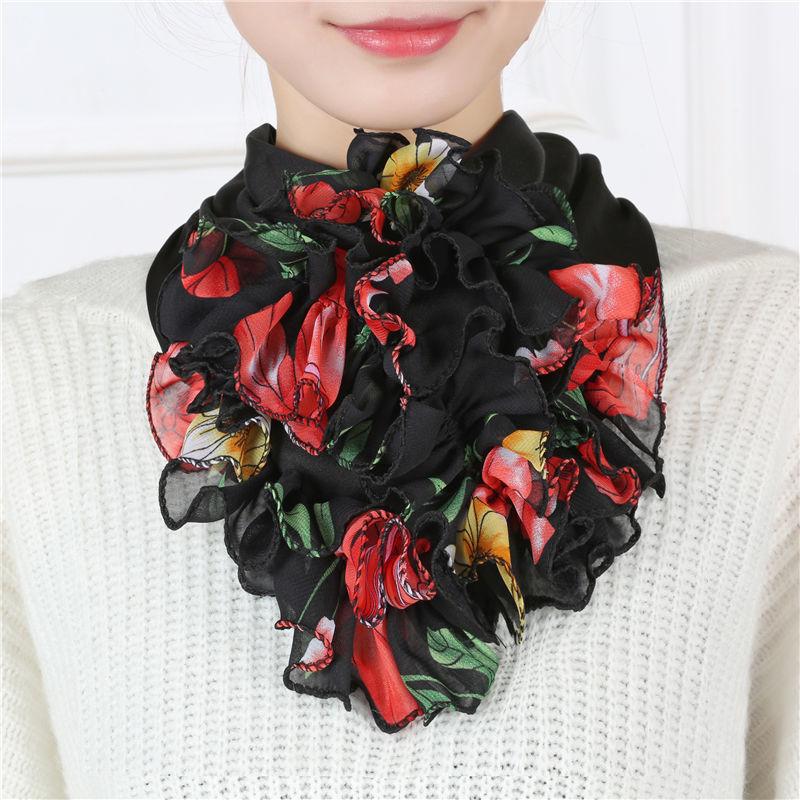 Цветной цветочный принт, шифоновый шейный платок, дышащие оборки, поддельный воротник, стильный съемный декоративный шарф