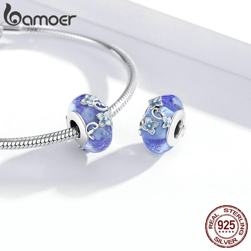 BAMOER синий стеклянный шарик ручной работы секретный садовый цветок гортензии для женщин оригинальный браслет 925 серебряные украшения