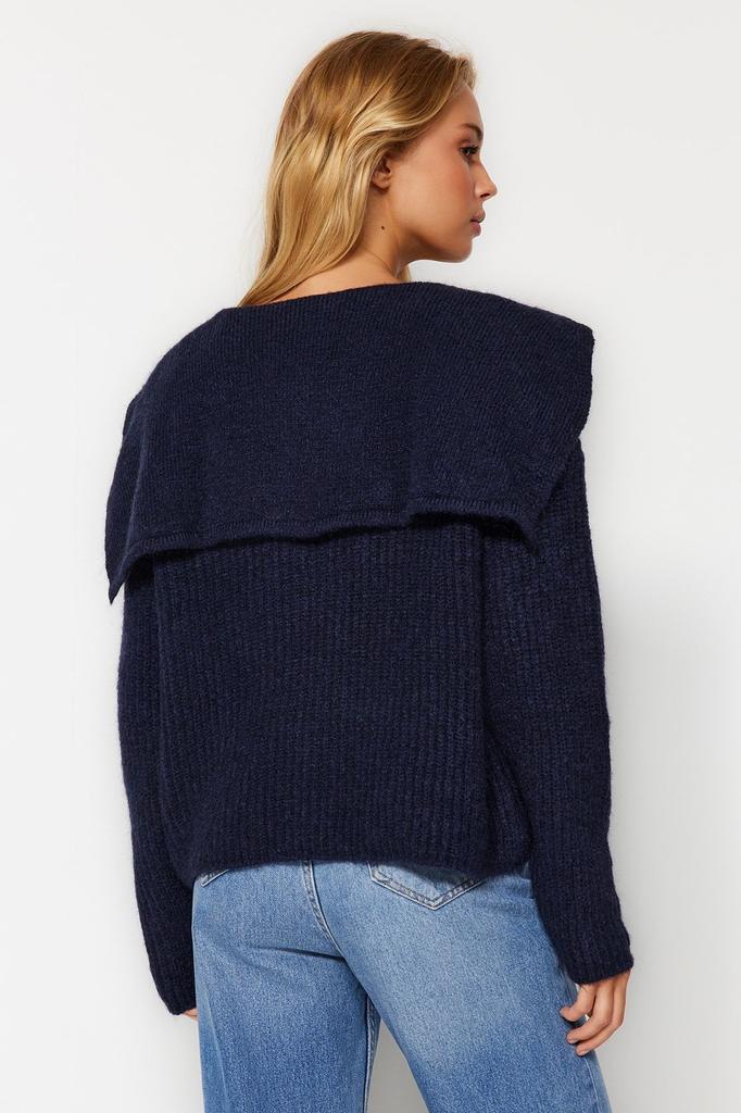 Женский элегантный кардиган, темно-синий, мягкий текстурированный трикотаж с воротником-бассейном, кардиган