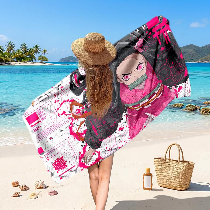 Nezuko Kamado Printed Swim Towel, Portable Water Absorbent Towel for Beach Camping Daily Bathroom Use