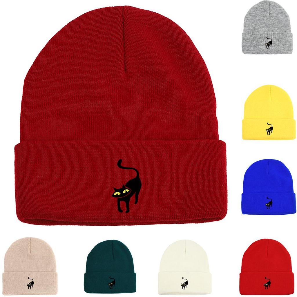 Вязаная шапка с принтом черного кота, шапка Animal Woman, эластичная термопростая шапка с помпоном, вязаная шапка, шапка-бини