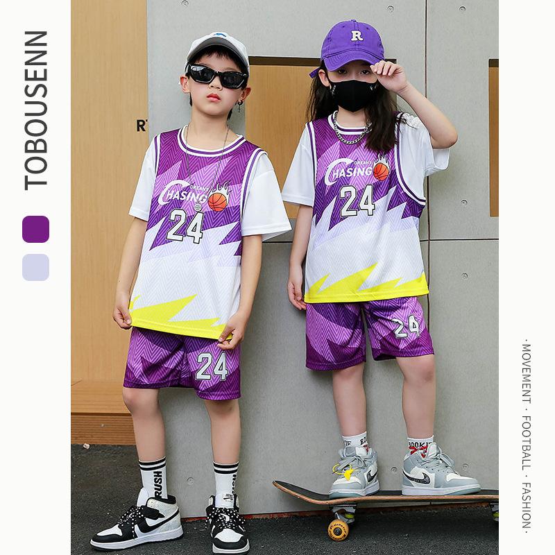Wholesale of children's basketball clothes for boys and girls Printed kindergarten primary school students No. 24 jersey Light board performance