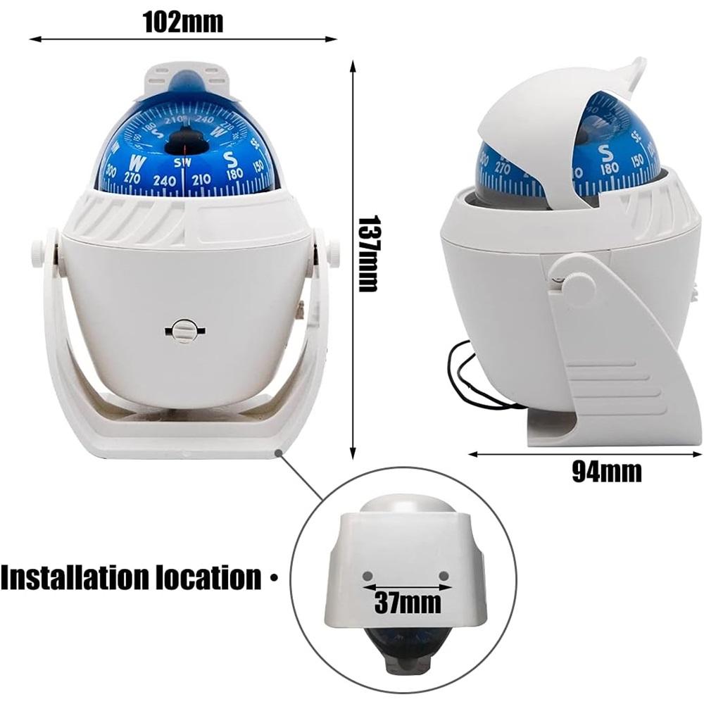 Marine Compass With Compass Mounted Waterproof Ball For Caravan Boats, White Rotating