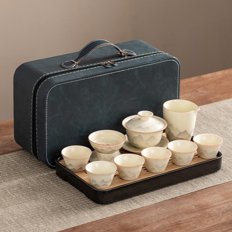 High-end Huang Ru Kiln Travel Kung Fu Tea Set Household Portable Cover Bowl Teacup Teapot Light Luxury Business Gifts