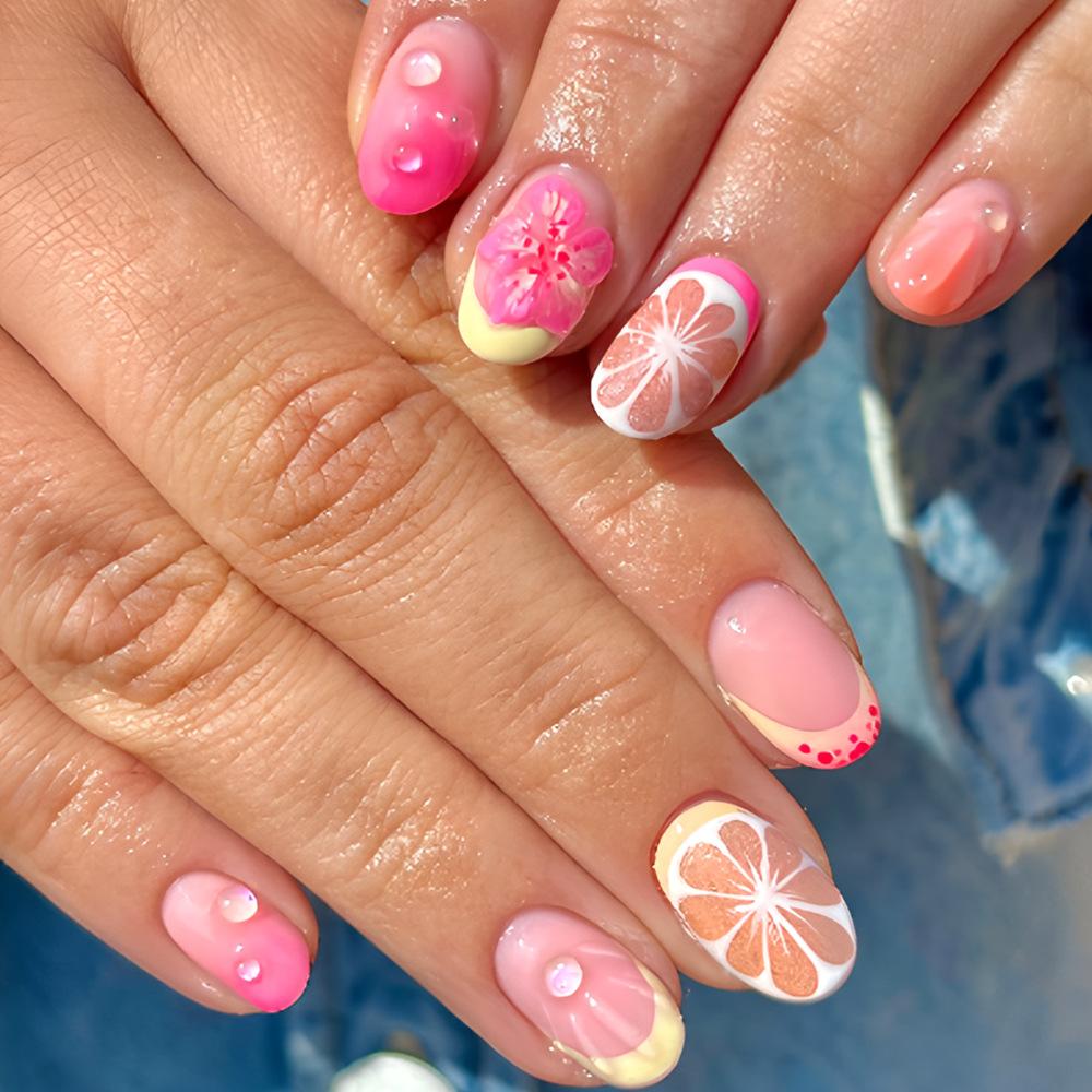24Pcs Ocean Fish Pattern Press On Nails Short Oval Full Cover Summer Colorful Striped Fake Nails