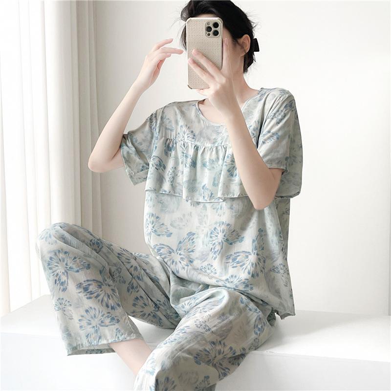 Artificial cotton pajamas women's spring and summer anti-bump cotton and silk loungewear suit summer cute plaid large size pajamas outside wear