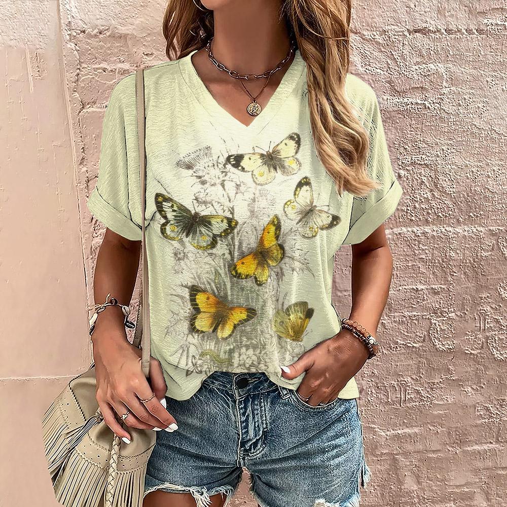 Летний топ с V-образным вырезом и принтом 3D-цветов и бабочек, модные повседневные женские футболки с короткими рукавами