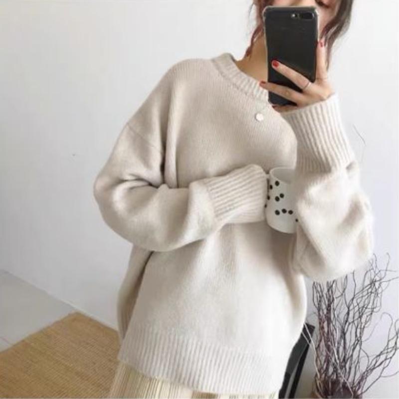 Autumn Winter Simplicity Loose Solid Color Knitwear Women Vintage Office Lady Sweater All-match Casual Knitting Tops