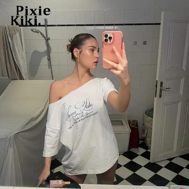PixieKiki Письменный принт Графические футболки Белые свободные топы на одно плечо Женские летние модные тенденции одежды 2024 P71-BG14