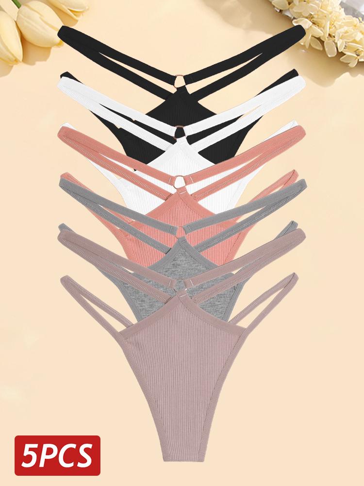 FINETOO 5 шт./компл. женские хлопковые трусики сексуальные ажурные стринги женское дышащее нижнее белье металлические кольца стринги нижнее белье эластичное с низкой посадкой