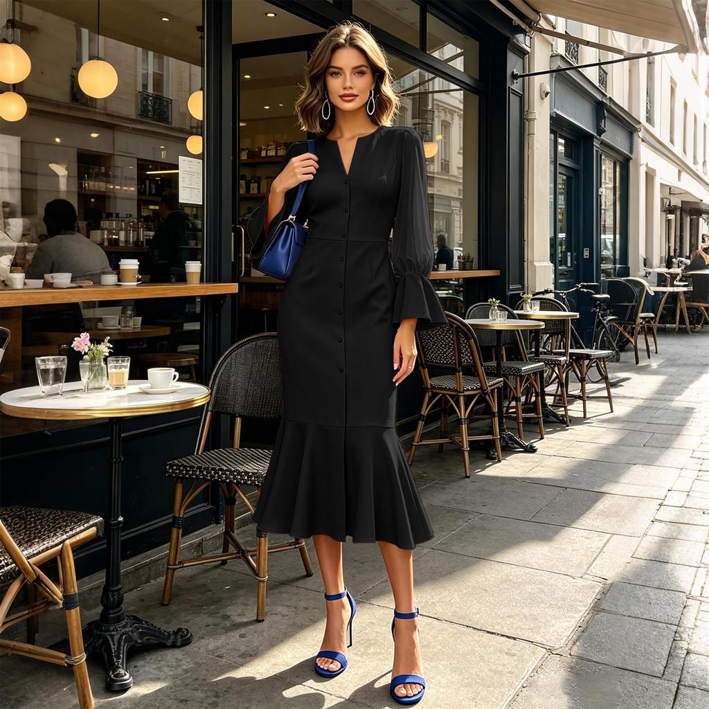 Women's V-Neck Chiffon Patchwork Dress with Long Puff Sleeves for Cocktail Party