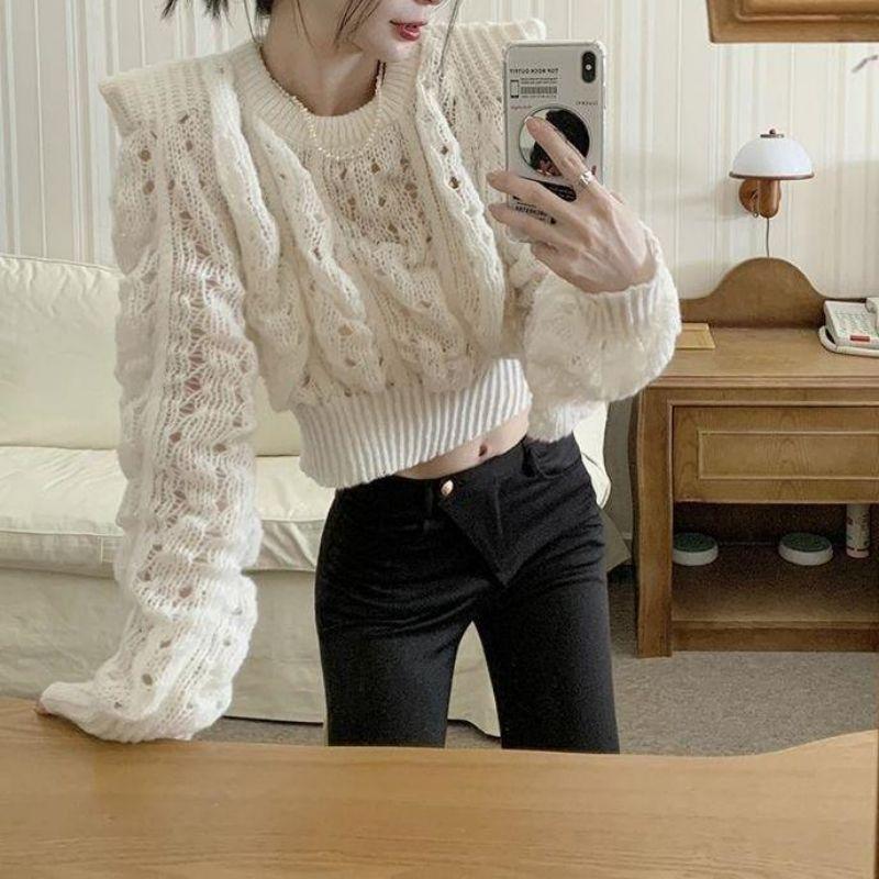 French Autumn Sweater Women's Solid Color Round Neck Hollow Knit Sweater Bubble Sleeve Knit Sweater Top Casual Knit Sweater