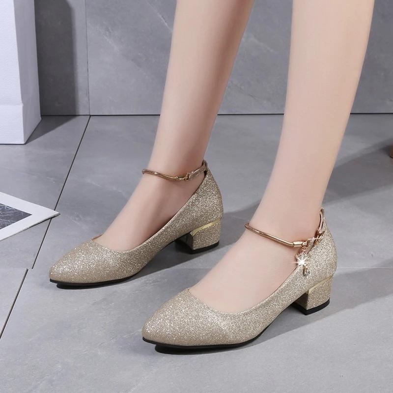 Fashion Women Wedding High Heel Shoes Silver Black Ankle Strap Crystal Shallow Chunky Block Heel Pumps Lady Heels Mary Jane Shoes