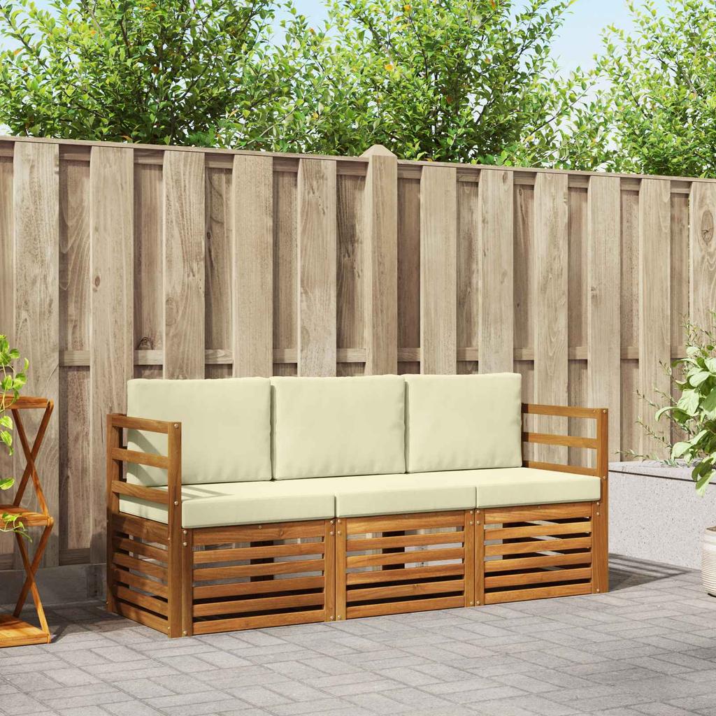 Outdoor Sofa Set 3 Piece Natural and Cream Solid Acacia Wood