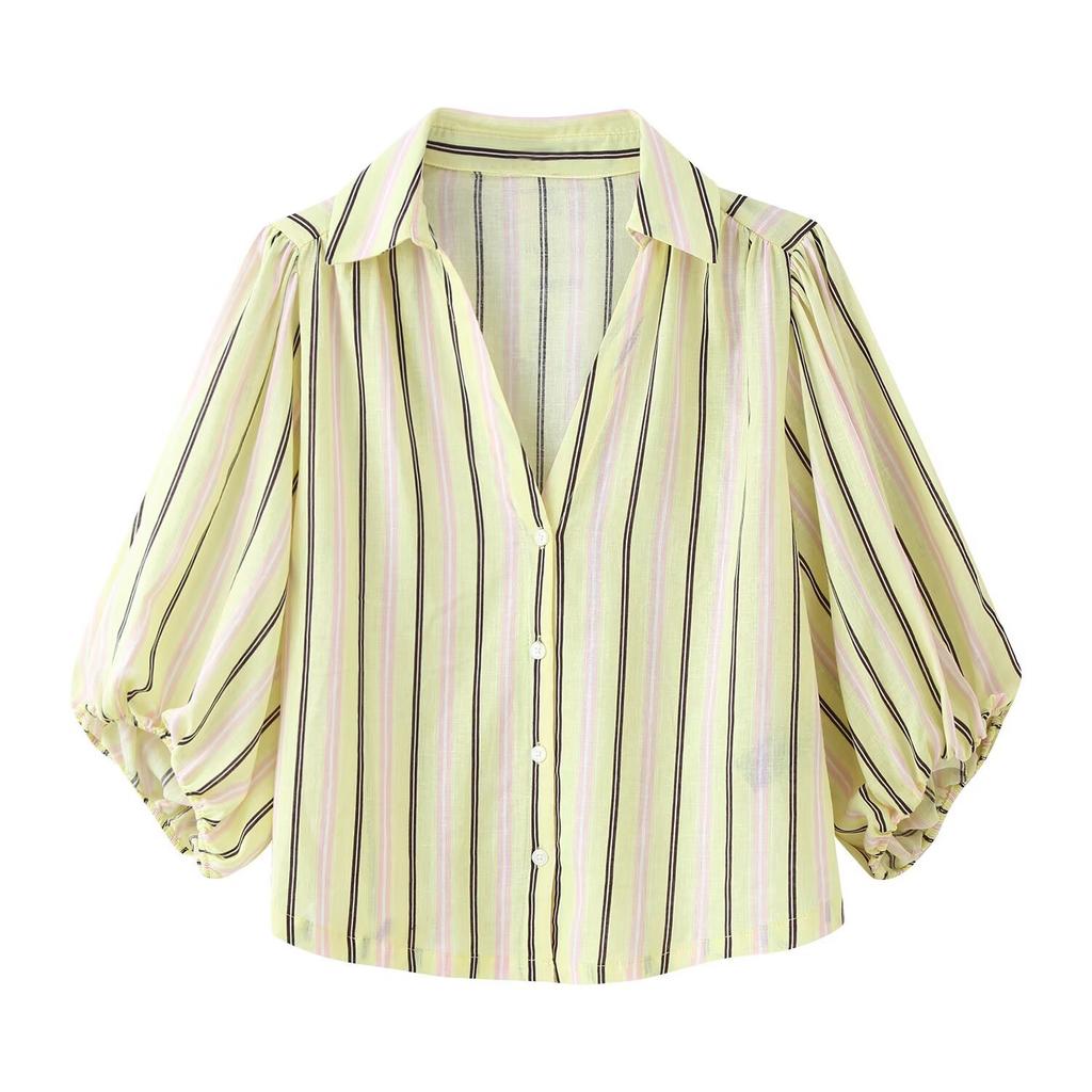 1116 summer ins wind French bubble sleeve shirt women's loose striped plaid short top women