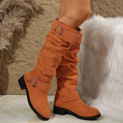 Модные женские ботинки на массивном каблуке с длинным плиссированным голенищем, удобные ботинки-слипоны, женские осенне-зимние ботильоны до колена на толстом каблуке с ремешком и пряжкой