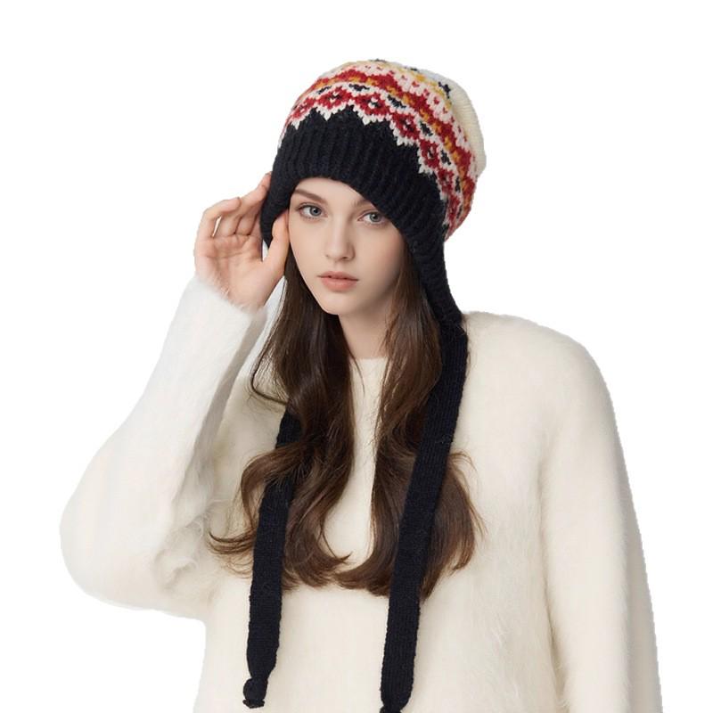Женская вязаная шапка с помпоном в стиле Fair Isle - Ретро жаккардовая шерсть с защитой ушей для зимнего тепла