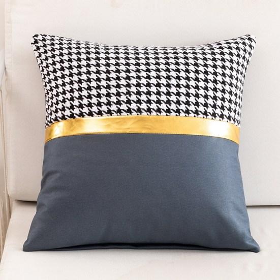 Square Pillow Case Houndstooth Solid Color Golden Strap Splicing Thickened Sofa Bed Decoration Pillow Cushion Cover for Indoor