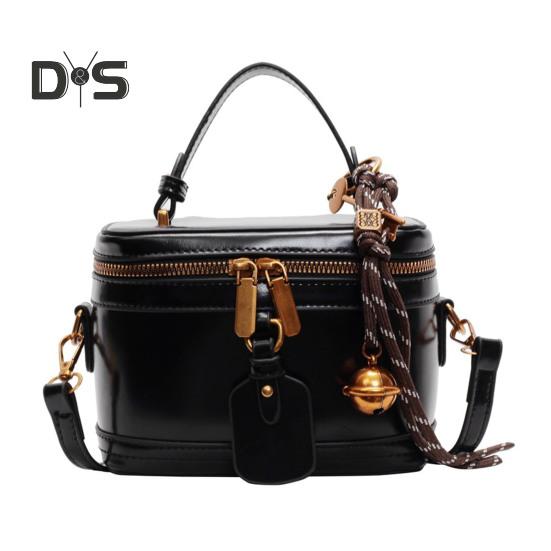 Crossbody Bag Bucket Shape Faux Leather Bell Rope Decor Handbag Vintage Zipper Closure Smooth Surface Shoulder Bag for Work Party Travel