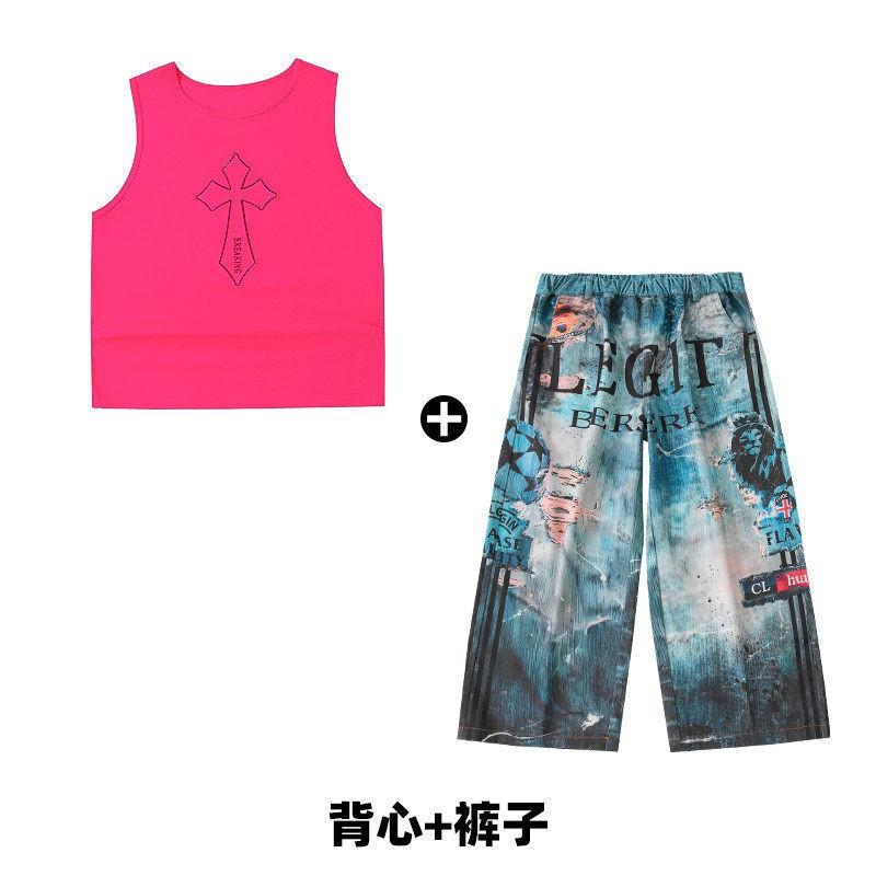 Kids Hip Hop Dance Outfit Set Boys Girls - Sleeveless Pink Top Navy Blue Pants With Accessories