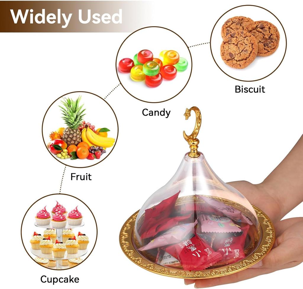 Metal Ramadan Tray with Clear Dome Lid Mini Cake Candy Tray Reusable Dessert Tray Round Food Storage Organizer for Nuts, Candies