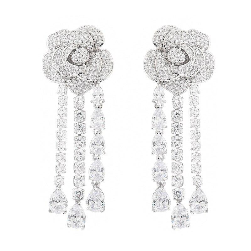 Серьги-капли из серебра 925 пробы со сверкающими цветочными каплями, микронабор с цирконием, висячие серьги с кисточками и камелией, вечерние украшения