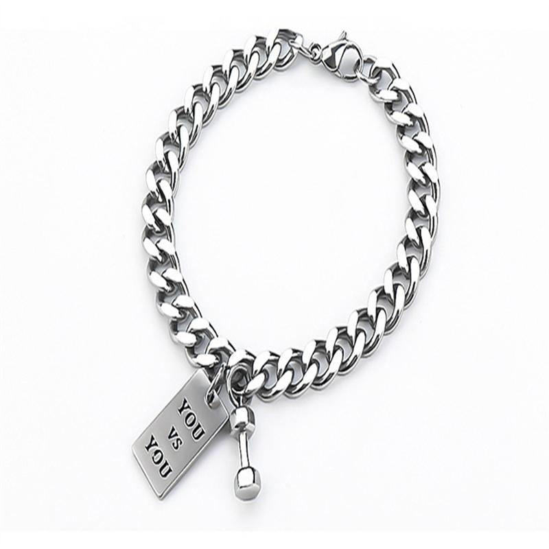 Vintage Dumbbell Metal Plate Pendant Stainless Steel Cuban Chain Bracelet Men's Couple YOU vs ME Fashion Men's Jewelry Gift