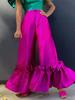 Fuchsia High Waist Pants Shiny Flare Pleated Wide Leg Trendy Long Capris Women Cocktail Party Bottoms Elastic Trousers