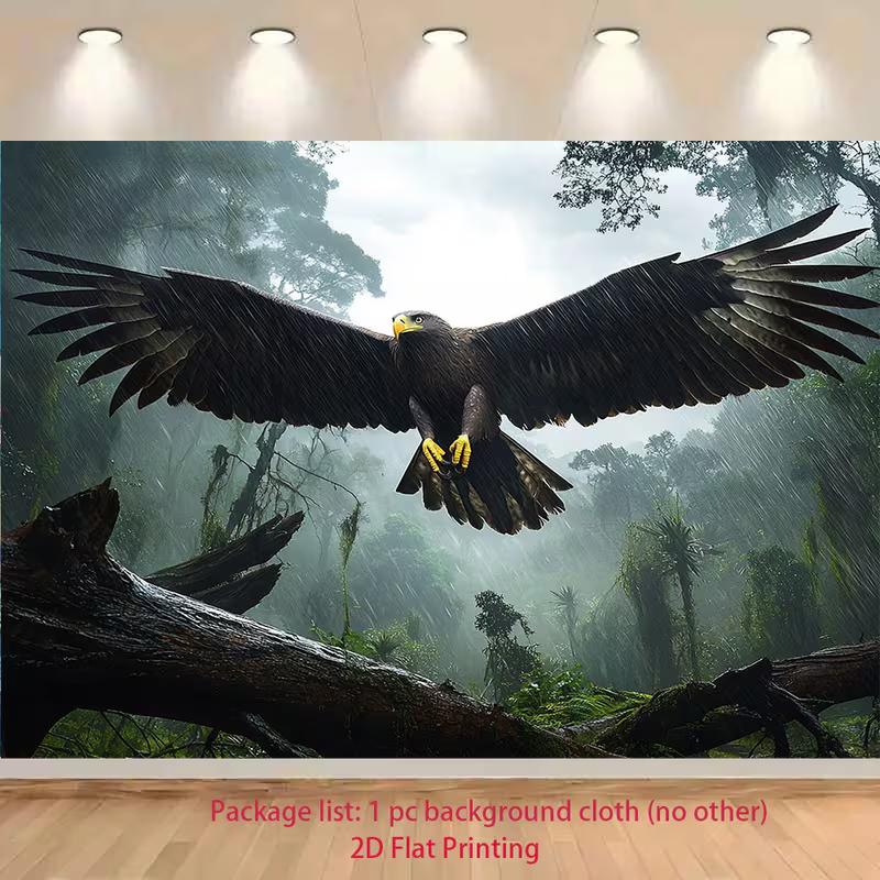 2D Eagle in Flight Tapestry Misty Rainforest with Falling Rain