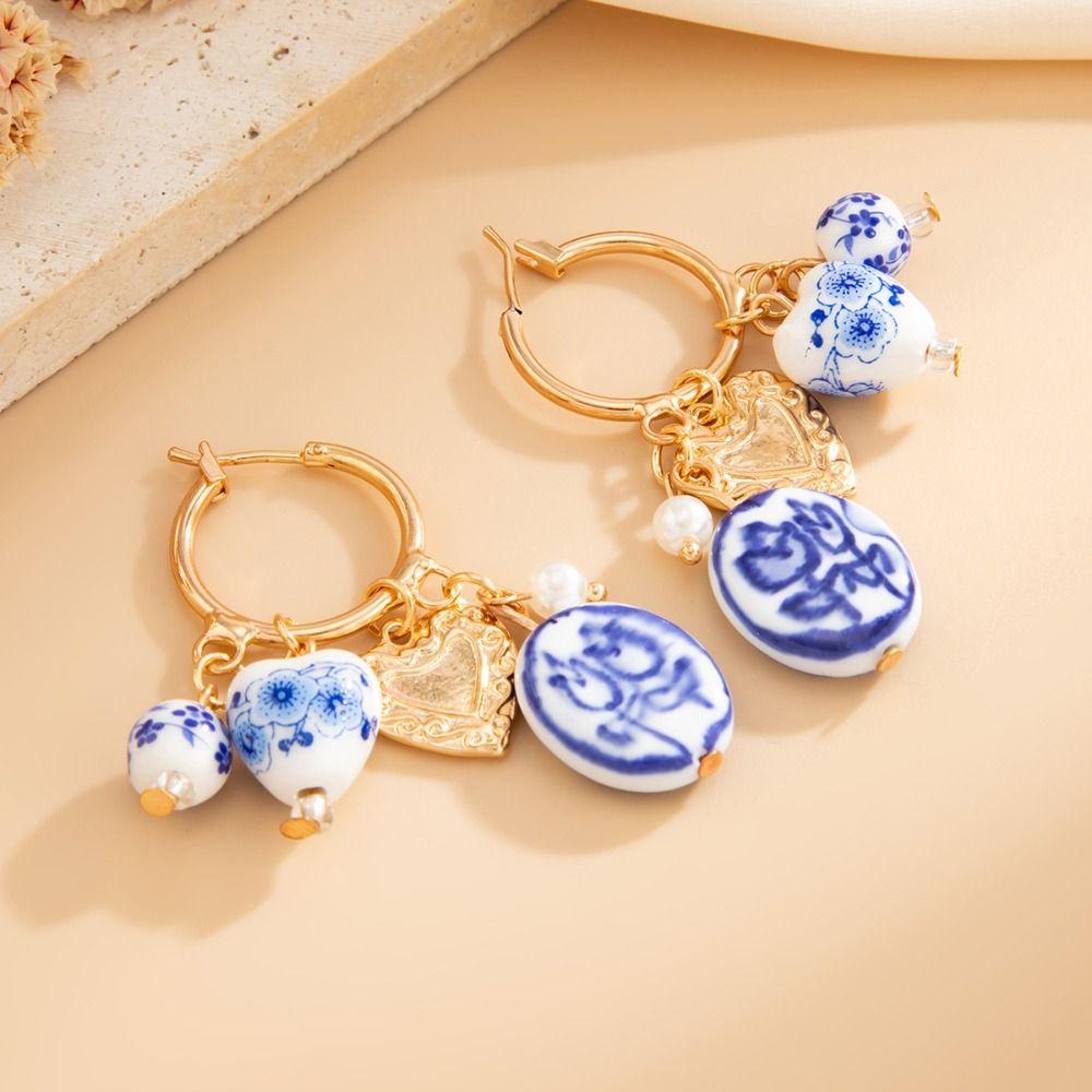 Ювелирные аксессуары Сине-белые фарфоровые серьги Цинк Цинковый сплав Серьги-кольца Керамическая ушная пряжка Вечеринка