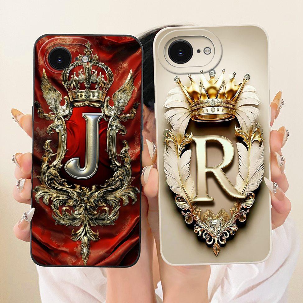 For iPhone 16e Case Cover Luxury A-Z Letters Fashion Crown 2D Painted Silicone Casing A3212 A3409 A3410 A3408