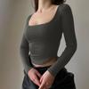 2022 Summer Lounge Wear New Fashion Ladies Shirts Square Neck Slim Collar Women's T-Shirt Long Sleeve Slim Cropped Sexy Top