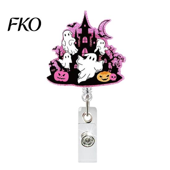 Acrylic Badge Holder Retractable Holder, Halloween Glitter Reel, Cute Ghost Pumpkin ID Card for Nurse Doctor Teacher Worker Decorative Reel