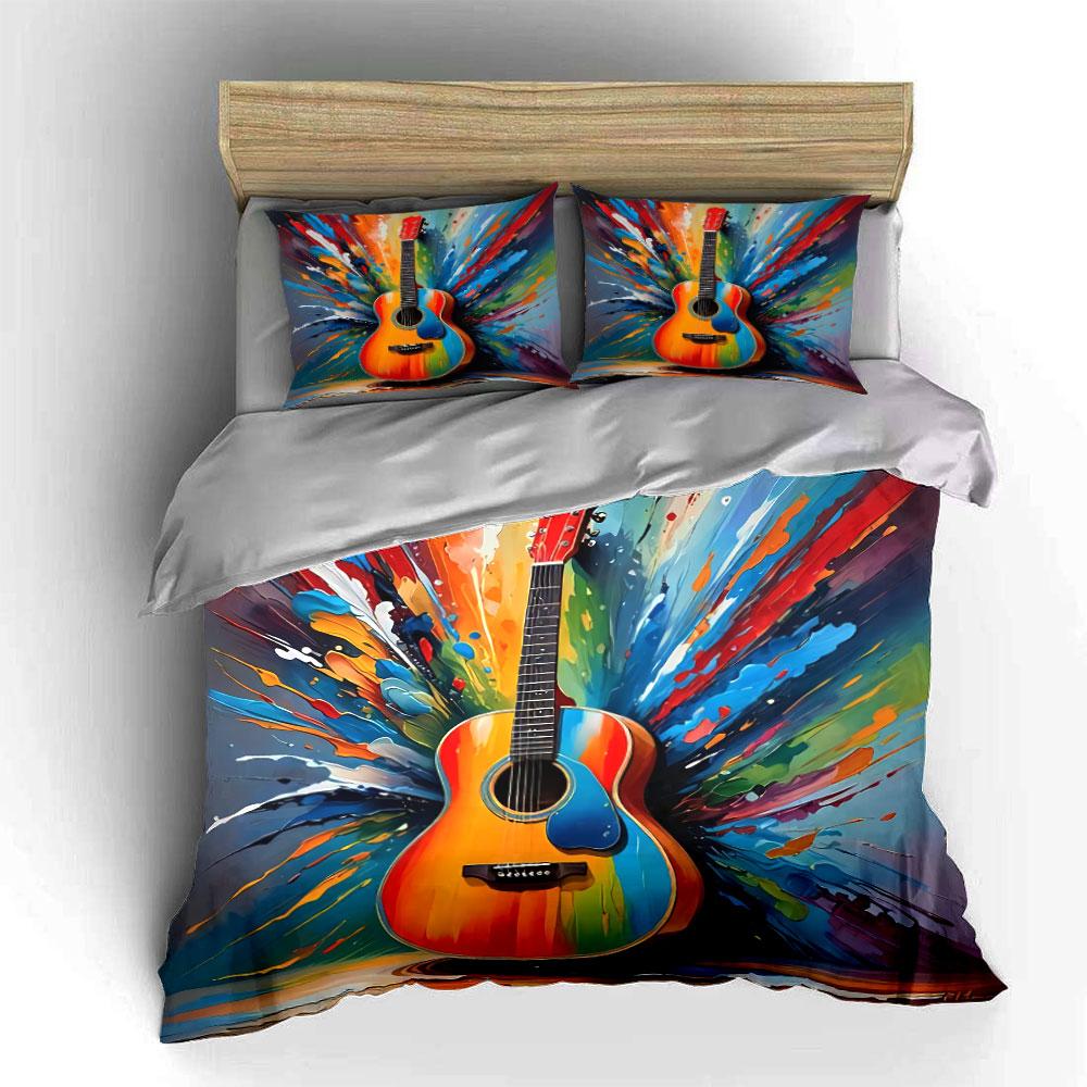 Colorful Guitar Art Decor Set Soft Skin-Friendly Bedding Set Includes 1 Duvet Cover And 2 Pillowcase Gift