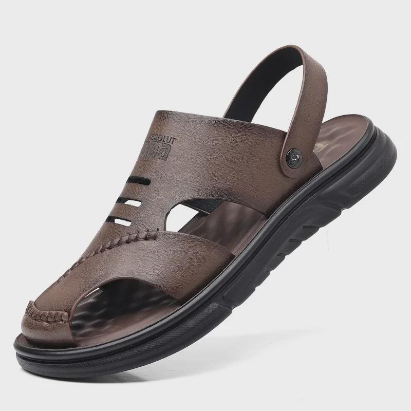 Men's Genuine Leather Summer Sandals – Breathable, Casual, Soft Beach Shoes for Outdoor Wear