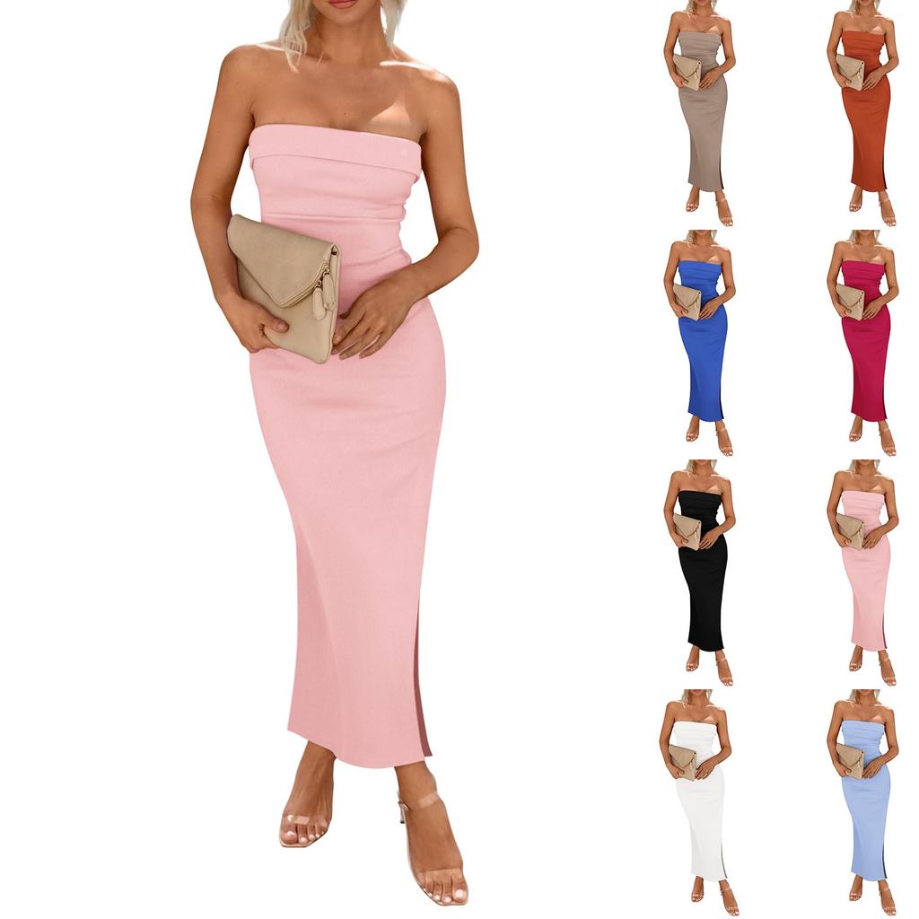 Женское летнее облегающее платье макси в рубчик без бретелек с боковым разрезом, длинные повседневные элегантные вечерние платья для выхода в свет