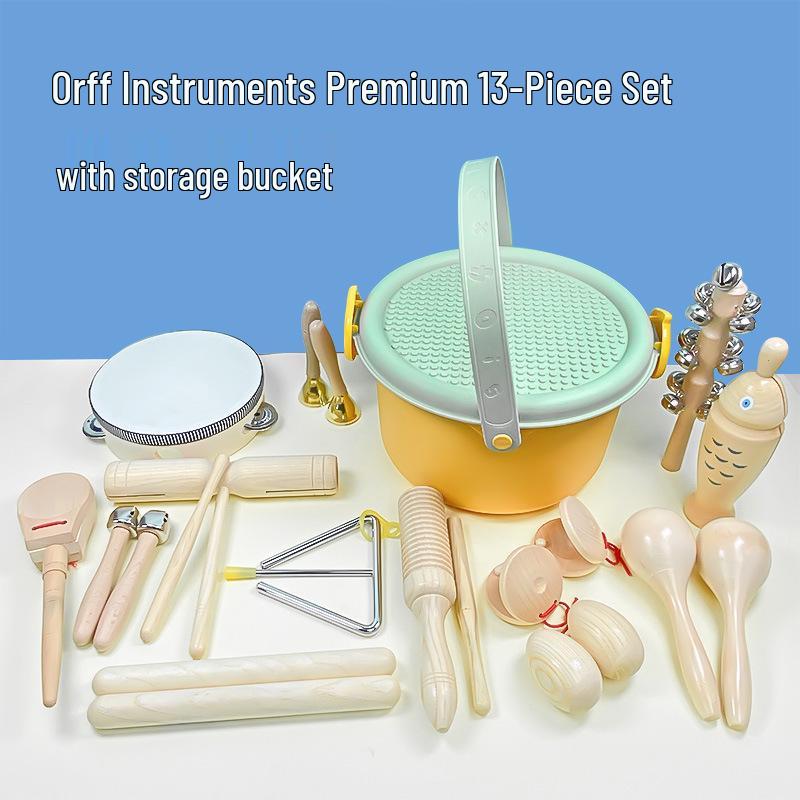 Детские музыкальные инструменты Орфа: Треугольник, Кастаньеты, Маракасы, Бубен, Деревянные бруски, Тарелки