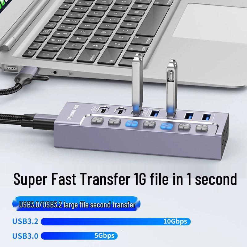USB 3.0 7-портовый концентратор-разветвитель, док-станция 10 Гбит/с с независимыми переключателями