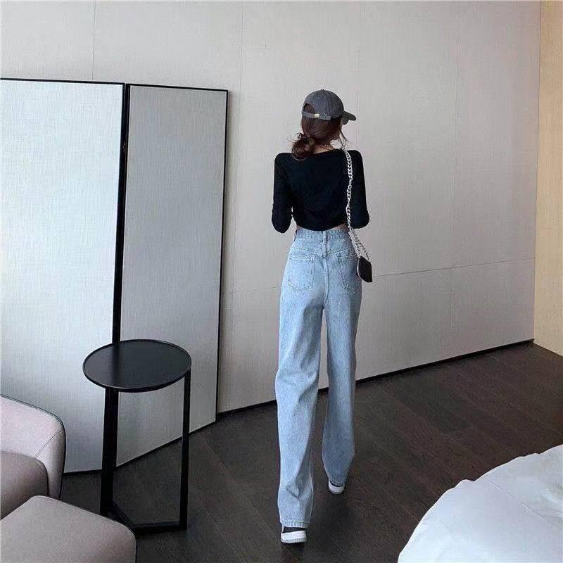 Джинсы женские в стиле Гонконг с высокой талией, прямые, с сердечком - Шикарные, Свободные, Широкие, Драпирующиеся, Длиной до пола, Стройнящие.