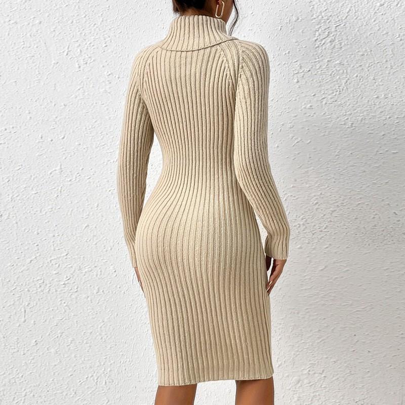 Womens High Neck Slim Fit Knit Sweater Dress Solid Color Long Sleeve Casual Chic Outfit