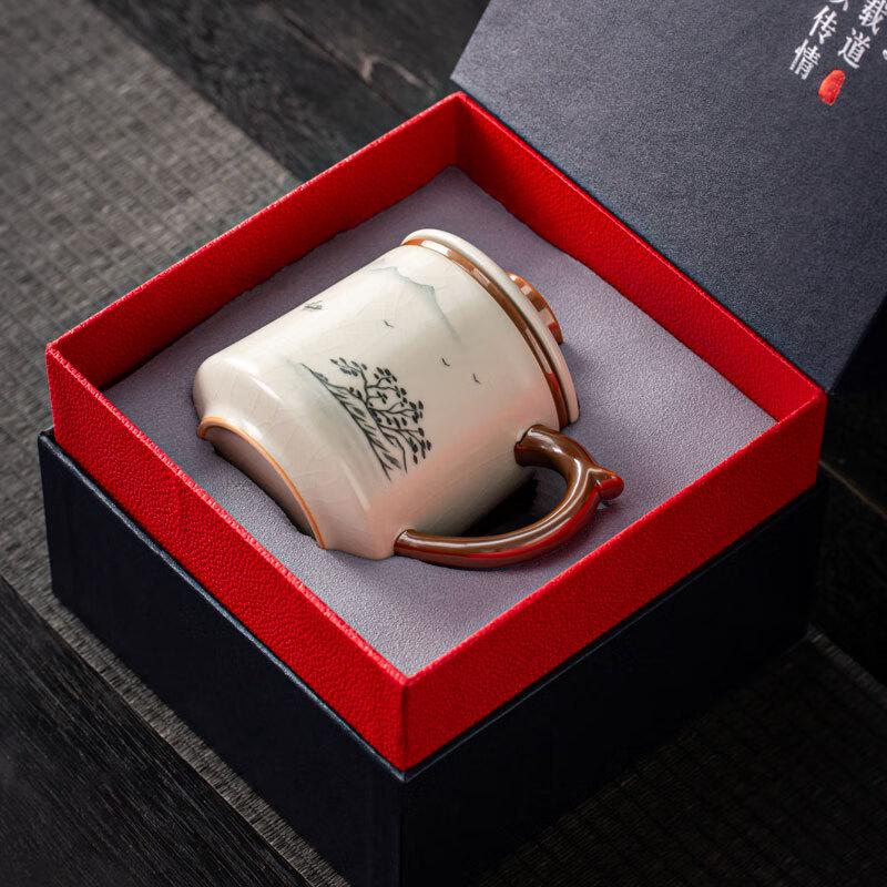 Lu Chengming Handmade Gold-Inlaid Beige Ru Kiln Tea-Water Separation Office Cup