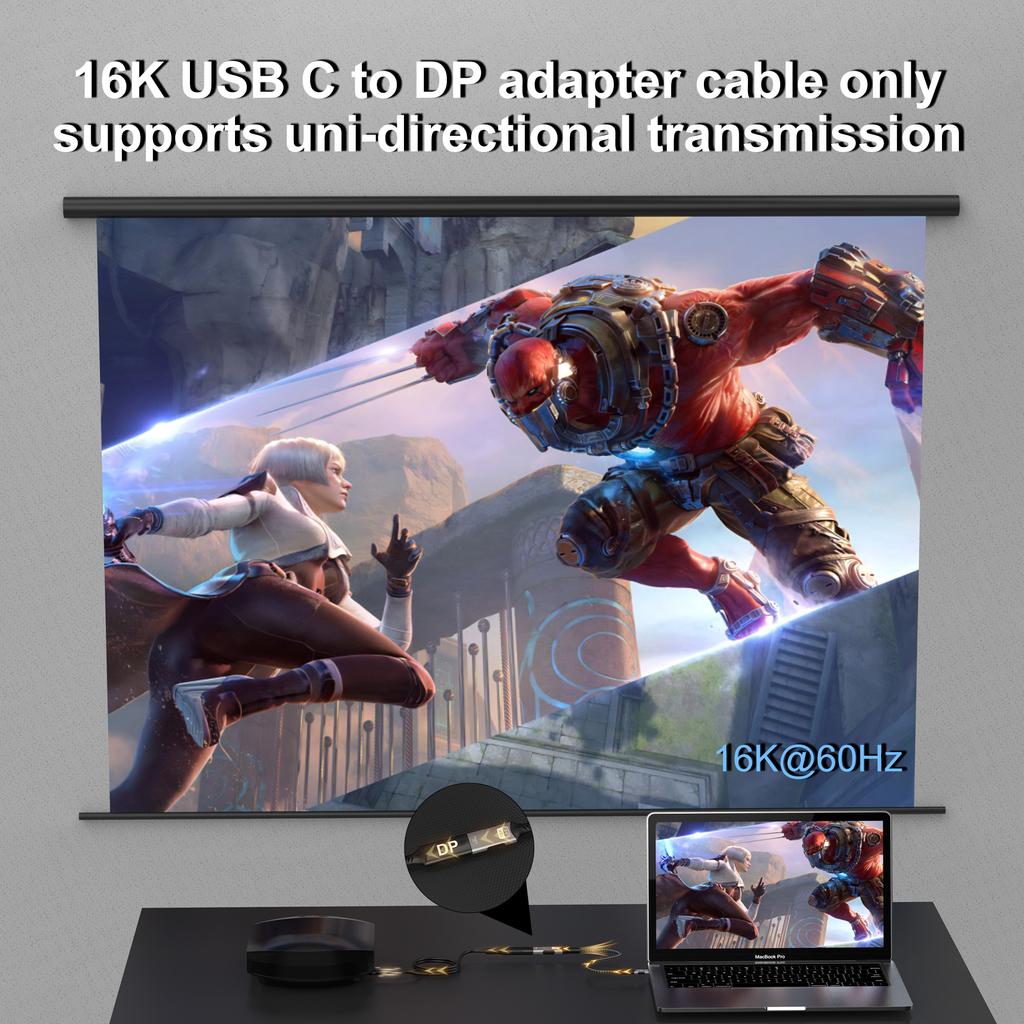 Type C To DP Extension Cable USB C To DisplayPort Adapter 16K DP 2.1 Converter For Thunderbolt 4 MacBook Huawei Air Projector