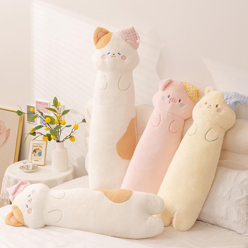 Adorable Long Pillow Pig Stuffed Animal Cat Bear Throw Pillow Accessory Cozy Huggable Plushies Bed Decoration Birthday Gifts