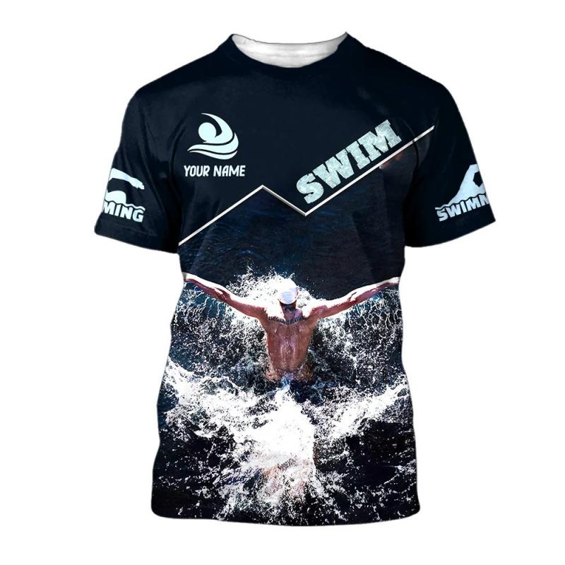 Футболка с графическим принтом для плавания с именем на заказ для мужчин, 3D-принт, короткий рукав, круглый вырез, одежда, подарок для любителей плавания