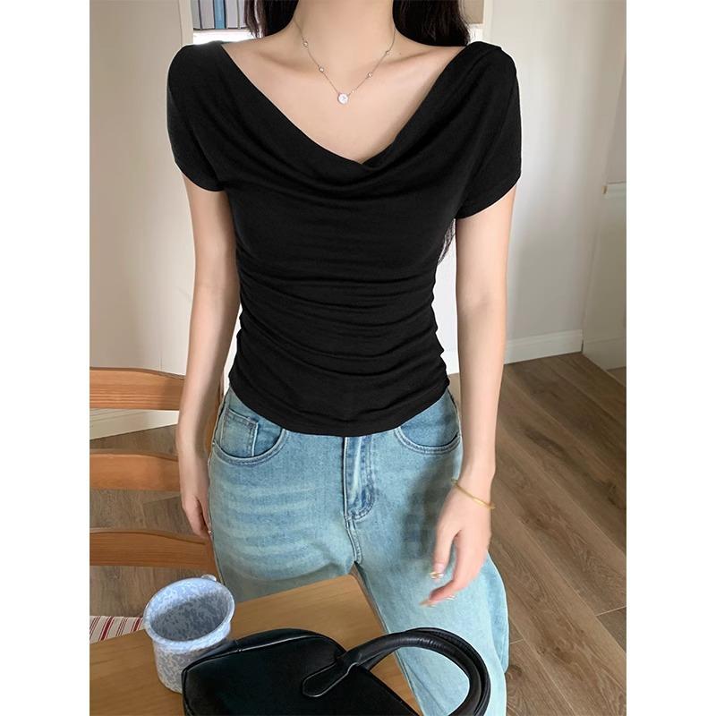 Горячая девушка, черная футболка pure desire с короткими рукавами для женщин, лето 2024 года, двусторонний топ с открытыми плечами и талией