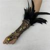 1PC Women Performance Gloves Hollow Lace Rhinestone Decor Feather Gothic Cosplay Costume Wrist Cuff Halloween Carnival Stage Show Arm Sleeve