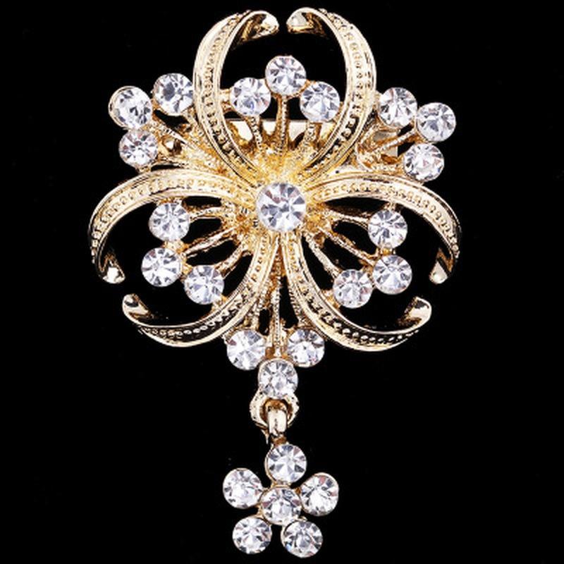 Elegant Brooch Rhinestone Brooch Gold Color Flower Brooch Pin Bridal Wedding Jewelry Gift LS