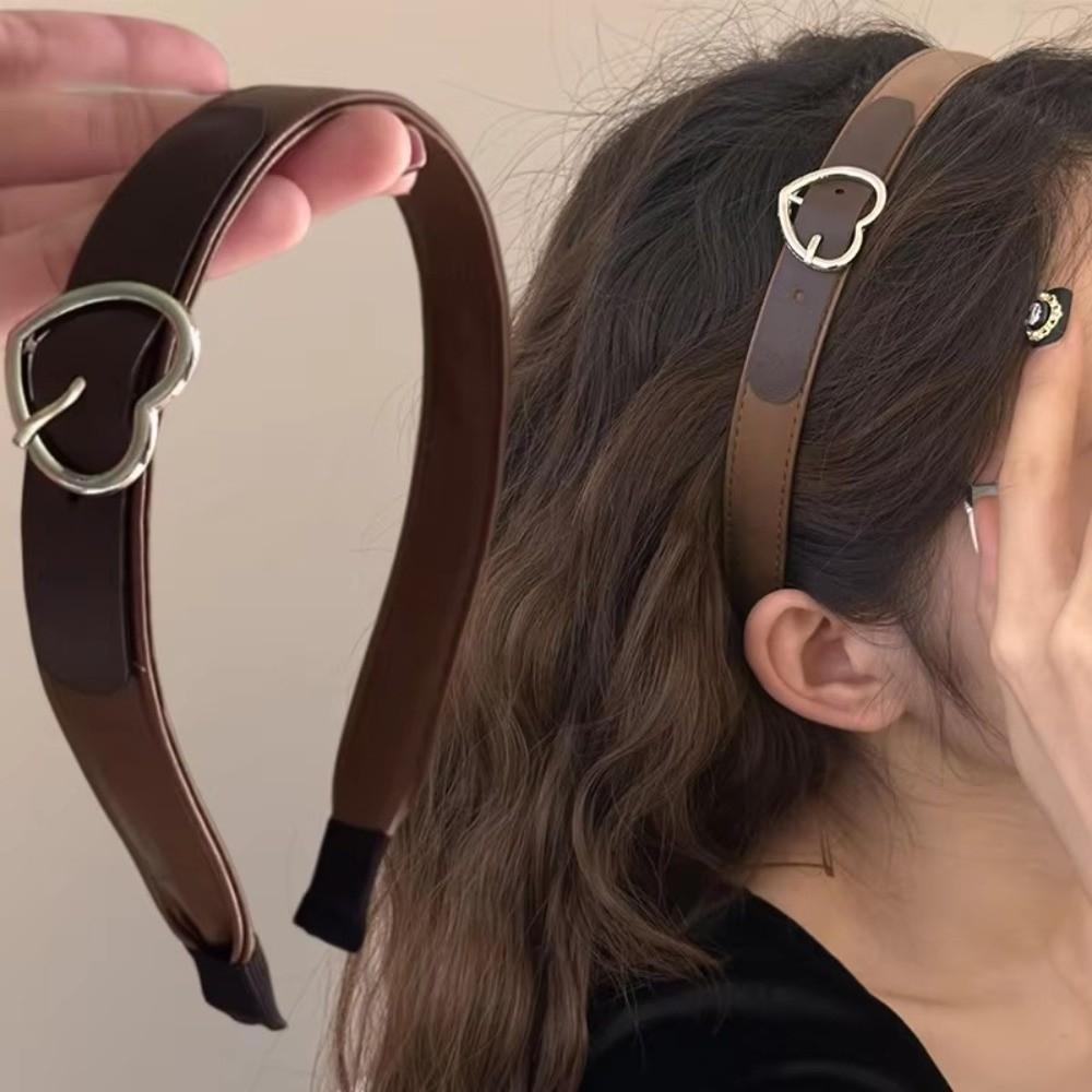 Fashion Leather Headband Coffee Brown Wide Brim Hairband Heart-Shaped Buckle Hair Accessories Head Band