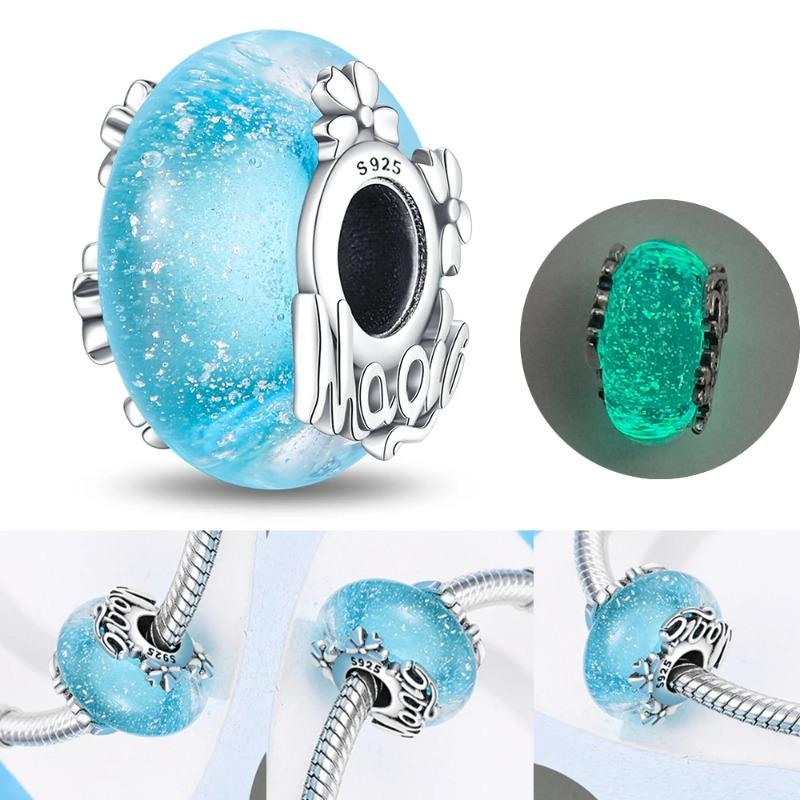 Murano Glass Series 925 Silver Curved Feathers & Fortunate Four-leaf Clover Charm Fits Bracelet Exquisite Gifts